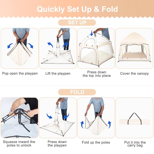Image of Bend River Baby Playpen with Canopy, Square Toddler Beach Tent (Beige)