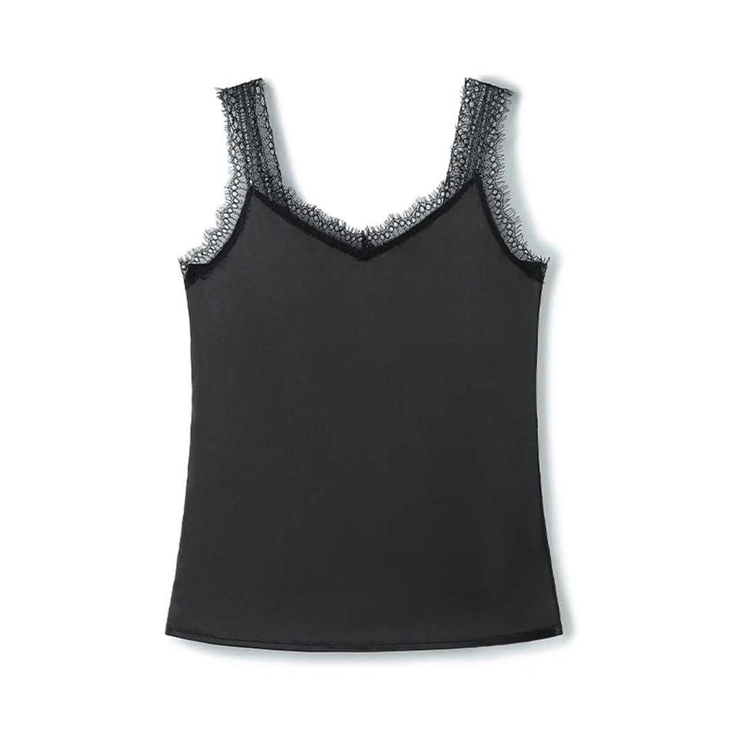 Top in pizzo da donna in raso con scollo a V estivo casual solido sciolto senza maniche
