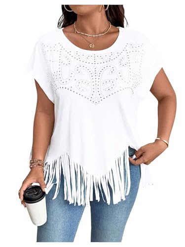 SHENHE Women's Plus Size Fringe Top Sparkly Rhinestone Cap Sleeve Crew Neck Cowgirl Studded Tshirt Top
