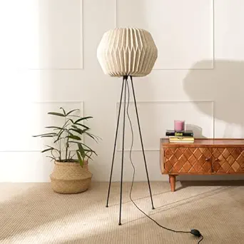 FIG Living Lifo Off White Floor Lamp with Knock Down Tripod Stand | Origami Linen Design | Lampshade for Home Decor, Living Room, Cafe & Restaurant | Minimalist Style | Best for Diwali Decoration