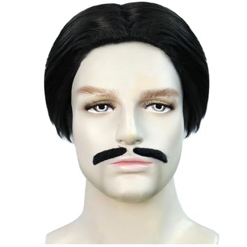 HUNIGIR Mens Black Wig and Mustache Short Black Male Gomez Wig 70s 80s Heat Resistant Synthetic Hair for Halloween Cosplay Anime Party