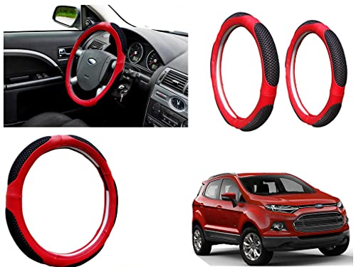 Image of Microfiber Car Steering Wheel Cover, Soft Padding Great Hand Feel, Anti-Slip, Faux Leather Steering Cover for Ford Ecosport | Black Red Jali - Pack of 1
