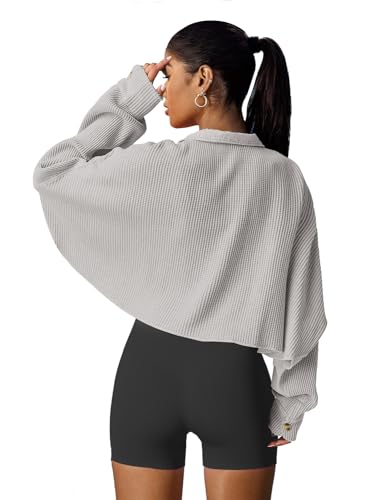 Image of Panadila Women's Cropped Waffle Knit Shacket Short Button Down Jacket Batwing Sleeve Shirts with Pocket