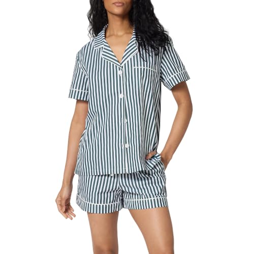 Image of Bed Head PJs Women's Short Sleeve Woven Cotton Sateen Shorty Pajama Set - Organic, Soft, Lightweight, Classic Fit Sleepwear