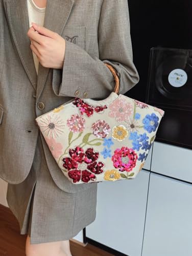 Bolso Tote bordado con lentejuelas y asa de bambú miniatura 5