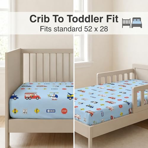 Image of Everyday Kids 2 Pack Fitted Boys Crib Sheet, 100% Soft Breathable Microfiber Baby Sheet, Fits Standard Size Crib Mattress 28in x 52in, Nursery Sheet - Rescue /Blue