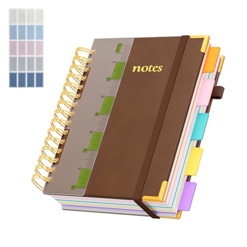XYark A5 Hardcover Spiral Notebook, 6.3"x8.5" College Ruled Notebooks with Removable Dividers Tabs & Ruler, 5 Subject Notebook 300 Pages, Small Lined Journal for Women Men School Work Office, Brown