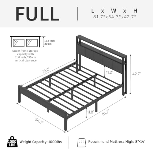 Image of E-Motie Full Size Bed Frame with LED Lights and Charging Station, Wood Storage Headboard with 2-Tier Shelves, Heavy Duty Metal Slats, No Box Spring Need, Noise Free, Easy Assembly, Light Grey