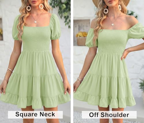 Image of Veatzaer Women's Puff Sleeve Square Neck Smocked Babydoll Dress Boho Floral Print Off Shoulder Ruffle Mini Short Dress