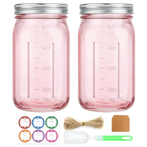 CARBLIN 2 Pack 32 oz Mason Jars Pink Wide Mouth Glass Canning Jar with Lids