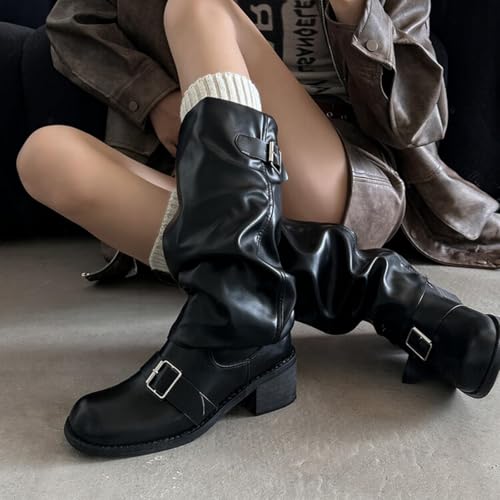 Image of Goolita Women's Buckle Biker Knee High Boots Square Toe Chunky Heel Star Moto Mid Calf Boots Slip On Motorcycle Riding Boot