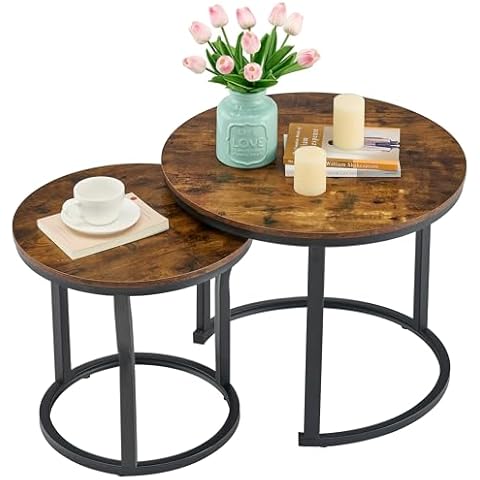 Hoctieon Nesting Coffee Tables, Round Nesting Tables Set of 2, End Tables, Stacking Nesting Tables for Living Room, Circle Coffee Tables, Side Tables Wooden Table Top, Rustic Brown Cover