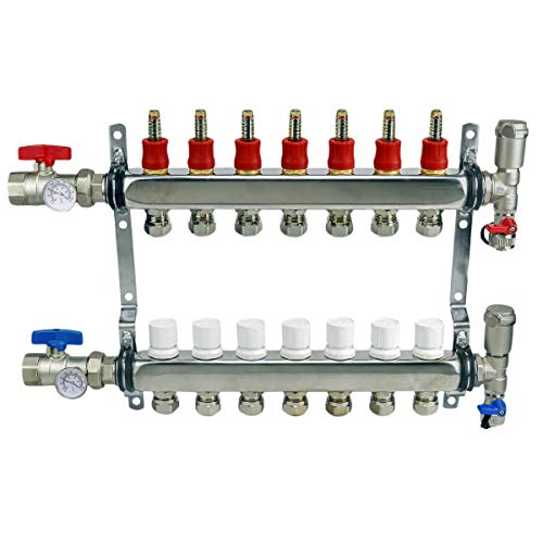 Image of Midline Valve NQT107 PEX Manifold 1 /2 in. for Radiant Heating System; with Valves, Vents, Gauges, and Mounting Brackets; Stainless Steel; 7 Port