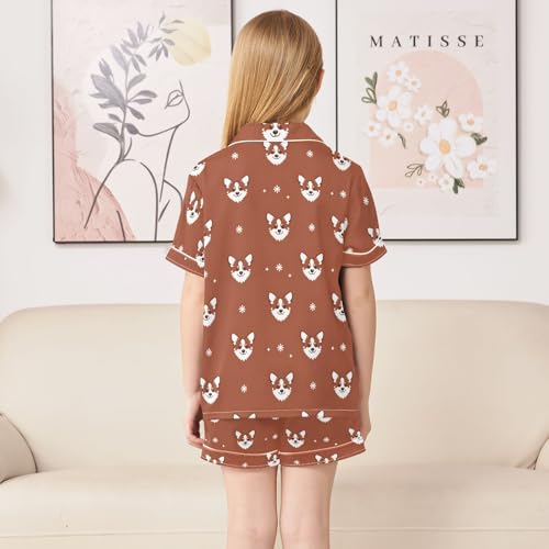 Animal Dog Simple Brown Pattern Summer Satin Pajama Set, Cute Button-Down Sleepwear Pj Set for Sleep Wears4