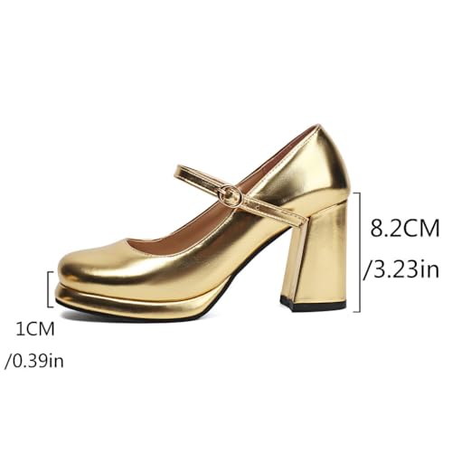 DINTAHA Platform Mary Jane Heels Metallic Heels Square Toe High Chunky Heeled Pumps with Ankle Strap2