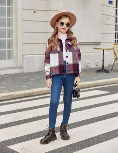 Arshiner Girls Flannel Fall Winter Cropped Shacket Plaid Jacket Casual Long Sleeve Button Down Fashion Coat4