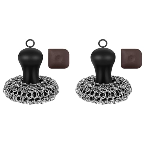 Tassteen 2X Cast Iron Cleaner Chainmail Scrubber, Upgraded Handle Cast Iron Scrubber Brush 316 Chain Mail Scrubber