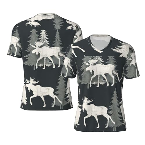 Stylish Athletic Sports Jersey Moose-Trot-Pine-Trees Men's Rugby Jersey Large Black