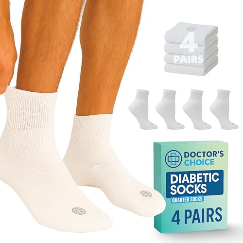 Doctor's Choice Diabetic Socks for Men, Seamless Ankle Socks with Non-Binding Top, Provides Extra Comfort for Gout, 4-Pairs, White, Large, Size 10-13