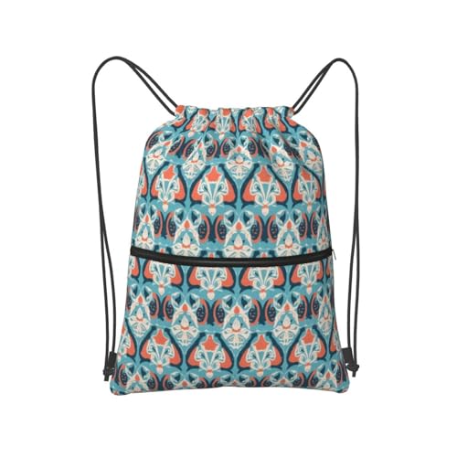 Ethnic Pattern Blue Gym Drawstring Bags Dance Bag With Front Zipper Pocket For Yoga