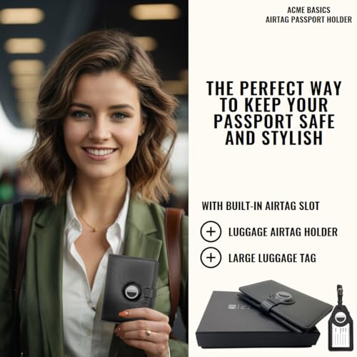 Acme Basics AirTag Reisepasshülle mit AirTag Gepäckanhänger Combo und AirTag-Haltern Impfkarte, Ausweis, Bordkarte, Kreditkartenschutz für Männer und Frauen, Schwarz, Classic