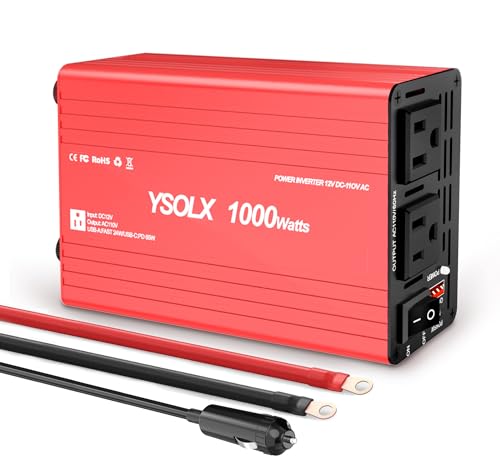 YSOLX 1000W Power Inverter 12V to 110V - DC to AC Converter with USB-C 65W/USB-A 24W, Dual AC...