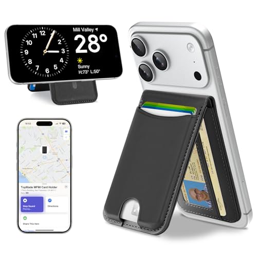 TopMade for MagSafe Wallet Works with Apple Find My Strongest Magnetic Wallet with Stand 6 Card Holder RFID Blocking Magnetic Card Holder for iPhone 17/16/15/14/13/12 Series Rechargeable Black