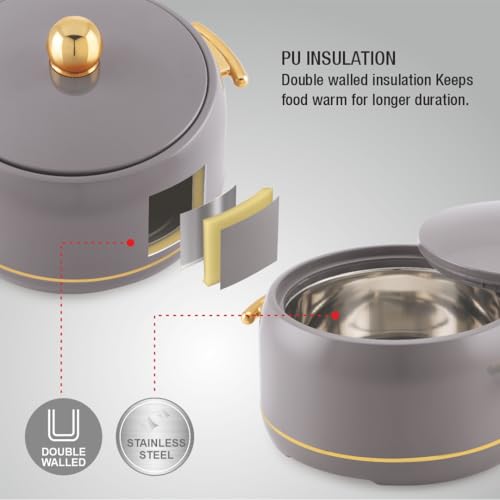 Image of Modware Atlantis Casserole 2500ml Elegant Design Premium Hot Pot, Retains Temperature for Hours, Insulated Inner Steel Casserole for Roti, Hot Box for Home, Chapati Box, Serving Bowl with Lid (Grey)