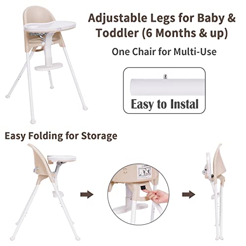 Image of High Chair Folding,One Click fold,Save Space, Detachable Double Tray, Infant Chair, Car Traveling, 3 in 1 Convertible, 3-Point Harness, Adjustable Footrest, Non-Slip Feet, Adjustable Legs