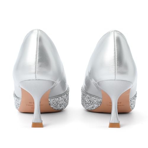 Silver Women's Kitten High Heels 2 Inch Sequin Pointed Toe Leather Pumps Comfortable Slip On Wedding Party Dress Stilettos Shoes Size 8.53