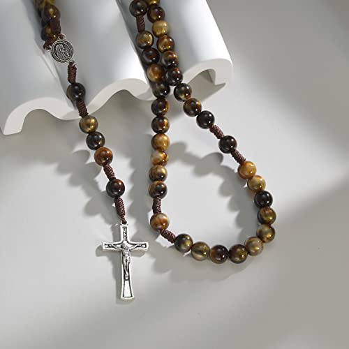 10mm Brown Beads Catholic Rosary Handmade Braided Rosaries with Curcifix Cross and Holy Mary Medal Amulet Rosary Beads Necklace for Women Men4