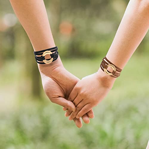 Circle Charm Bracelets For Women Handmade Leather Wrap Bracelets For Women Teen Girls Bohemian Couples Friendship Bracelet Cuff Bangle Boho Jewelry Gift For Sisters, Wife And Mother #TOP3
