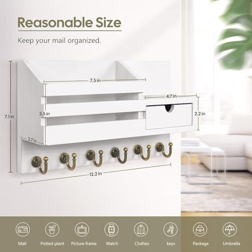 Image of Wooden Wall Mounted Key Holder with Hooks and Organizer Shelf Wall Rack for Letters Wallets and Accessories Home and Office Wall (White, Drawer Organizer)