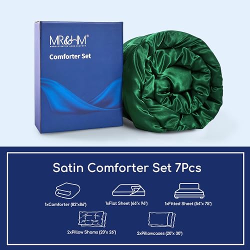 MR&HM Satin Comforter Full 7 Pieces - Luxurious Pinch Pleat Bedding Set with Comforter, Flat Sheet, Fitted Sheet, Pillowcases & Shams, Super Silky Soft Bed Set for All Season (Full, Dark Green)