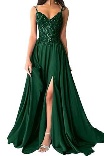 Damen Chiffon Ballkleider Lang V-Ausschnitt Spitzenapplikationen Brautjungfernkleid A-Linie Abendkleider mit Schlitz