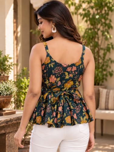 Image of feranoid Women Cotton Printed Sleeveless Strap Peplum Top