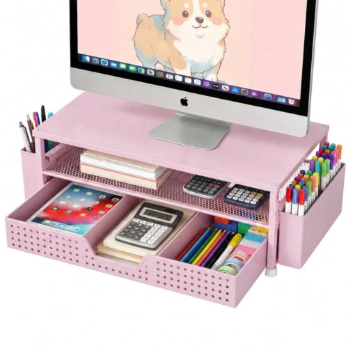 ECOLOVI Organizador de Mesa e Acessórios, Suporte para Monitor de Computador de 2 Níveis com Gaveta de Armazenamento e 2 Porta-Canetas, Suporte para Laptop e Impressora para Mesa, Organizadores