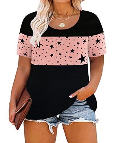Image of CARCOS Plus Size Tops for Women Short Sleeve Summer Pullover Color Block Crewneck /V Neck Tee Tunic Loose Fit Tshirts XL-5XL