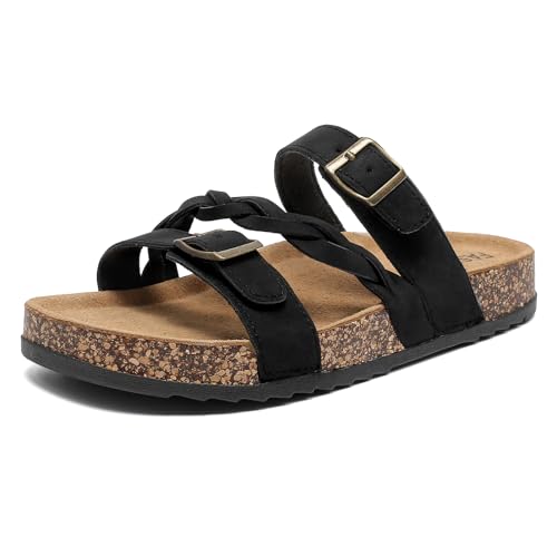 Women's Cork Footbed Sandals with Arch Support Comfortable Adjustable Straps Braided Sandal with Double Buckles, Non-Slip Slip-On Slide Sandals for Summer Water Resistant Slides Footwear