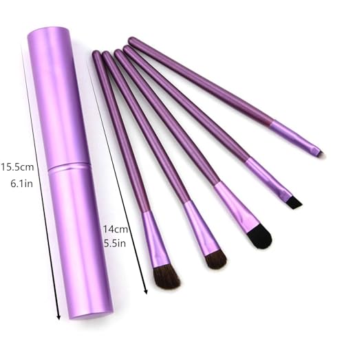 SEILANC Travel Portable Wooden Eye Makeup Brushes, 5 Piece Cylindrical Eyeshadow Brushes and 5 Short handle sponge eyeshadow brush Set (Purple)