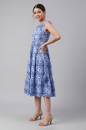Image of Janasya Women's Blue Pure Cotton Floral Printed Tiered Dress