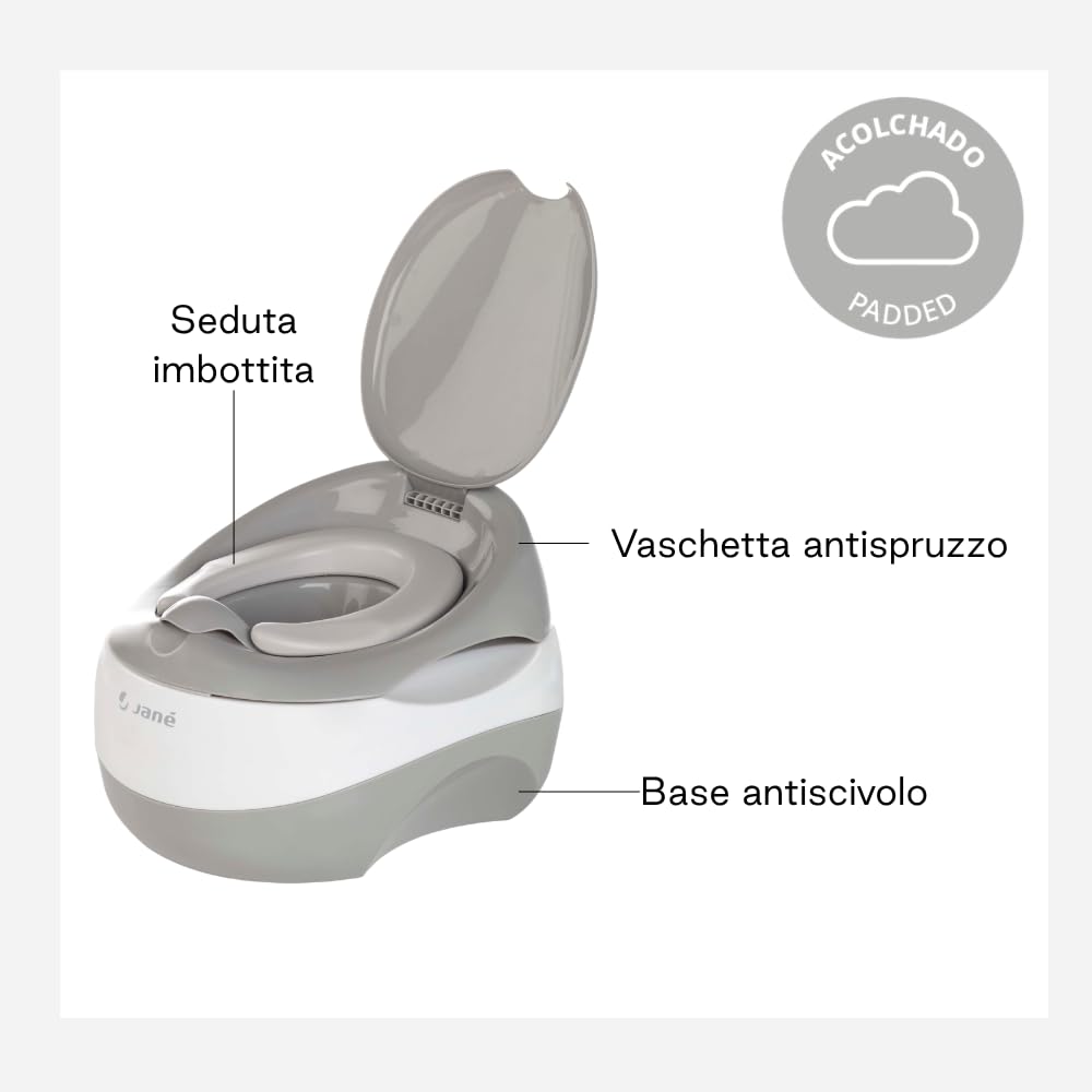 Jané Vasino Bambino 3 in 1, Vasino + Riduttore WC + Sgabello, Antiscivolo, Seduta Imbottita, da 18 Mesi fino a 50 kg