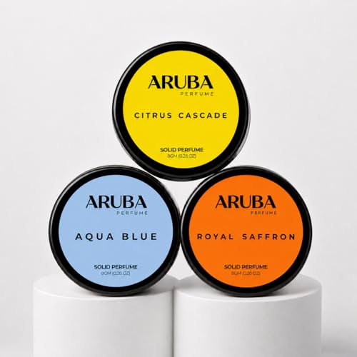 Image of Set of 3 Alcohol Free Citrus Cascade | Royal Saffron | Aqua Blue Solid Perfumes | Wax Perfumes for Men & Women | Cologne | Strong & Lasting Fragrance | Gifting Pack for Him & Her