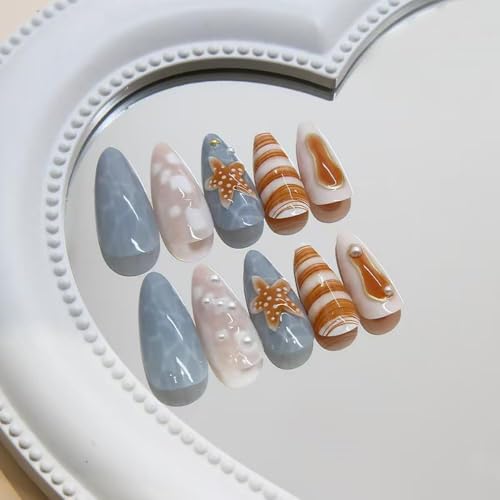 Image of Blue Ocean Press on Nails Starfish Sea Shell Fake Nails Medium Almond False Nail with Pearl Design 3D French Tip Glue on Nails Artificial Acrylic Summer Stick on Nail for Women Girls Manicure 24Pcs