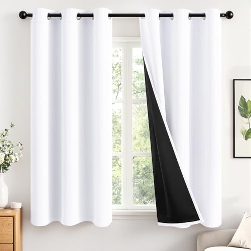 MIULEE White 100% Blackout Curtains for Bedroom 63 Inch Long 2 Thick Layers Thermal Insulated Black Out Window Curtains with Black Liner Noise Reducing Grommet Living Room Drapes 2 Panels Set