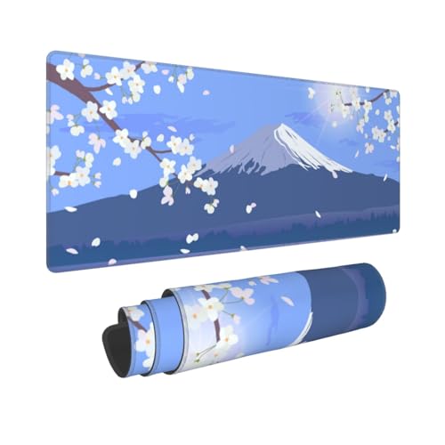 Image of Japanese Cherry Blossom Large Gaming Mouse Pad, Extended Sakura Fuji Mountain Mousepad, Big Long Non-Slip Mouse Mat for Keyboard, Computer, (Blue, 31.5 * 11.8 in)