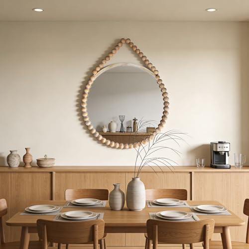 POZINO Wood Beaded Round Mirror, 28" Rustic Farmhouse Hanging Mirrors with Wooden Spherical Frame, Boho Circle Mirrors for Bathroom Bedroom Living Room Hallway Entryway Fireplace — view 5