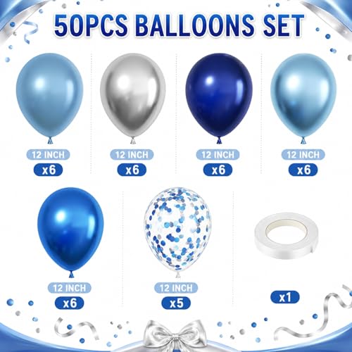 Image of Blue and Silver Balloons, 12 Inchs Navy Blue Metallic Silver Blue Pearl Confetti Balloons for Birthday Graduation Baby Shower Wedding Retirement Space Theme Party Supplies