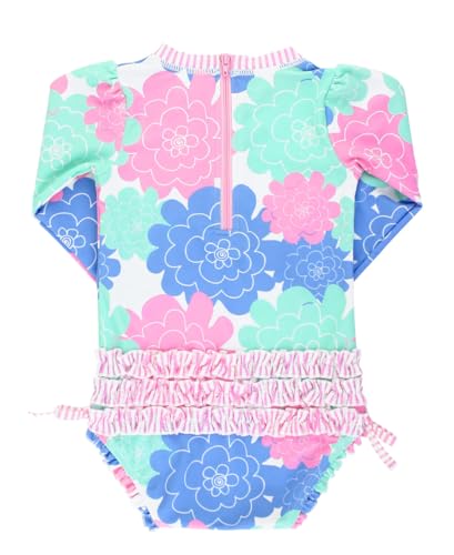 Image of RuffleButts Baby Girls UPF 50+ Sun Protection Floral Printed Long Sleeve One Piece Rash Guard Swimsuit with Zipper