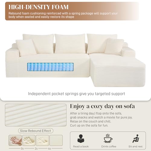 Image of 108 inch L Shaped Cloud Boneless Sectional Couches for Living Room, Modern Comfy Modular Deep Seat Memory Foam Compressed Corduroy Sofa Oversized Right Facing Chaise, No Assembly Required, White